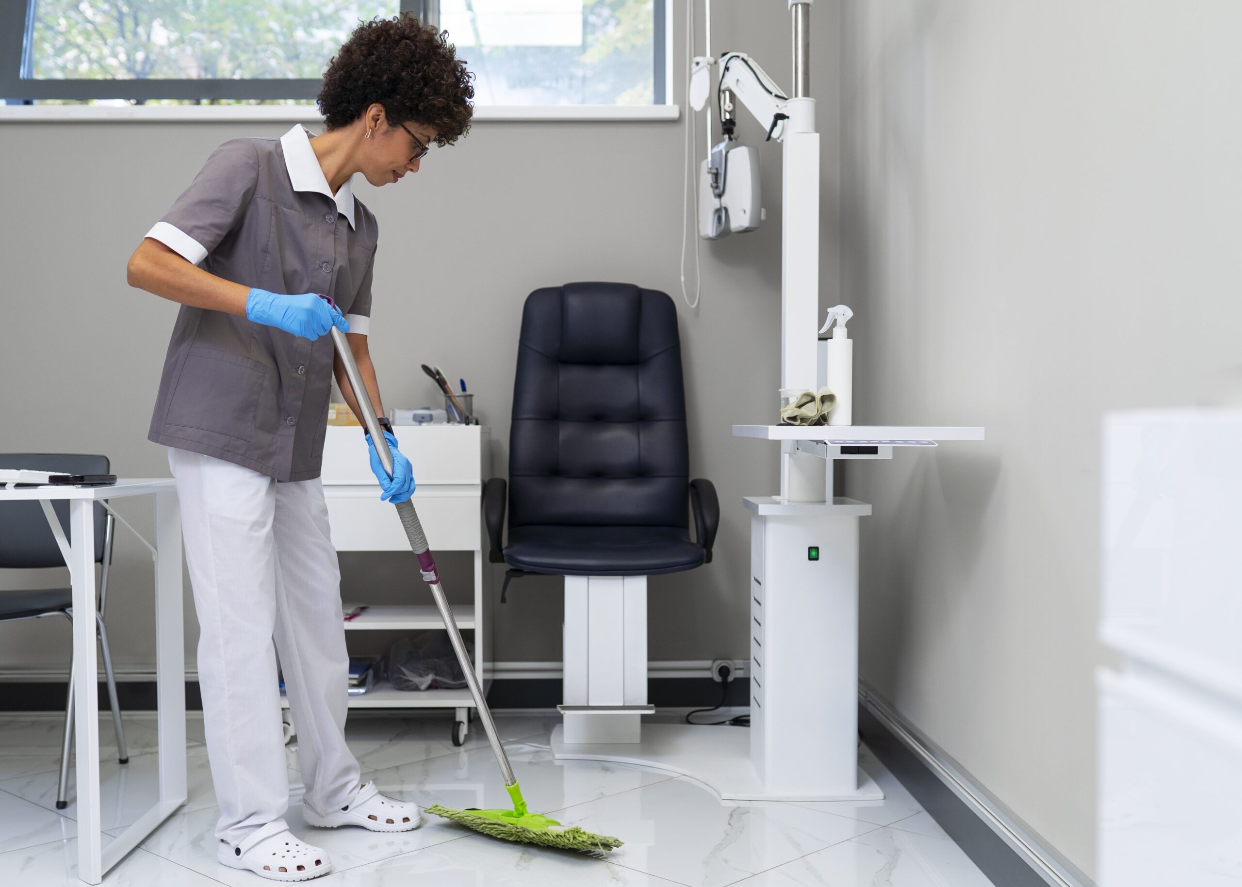 mulher fazendo limpeza de clínicas