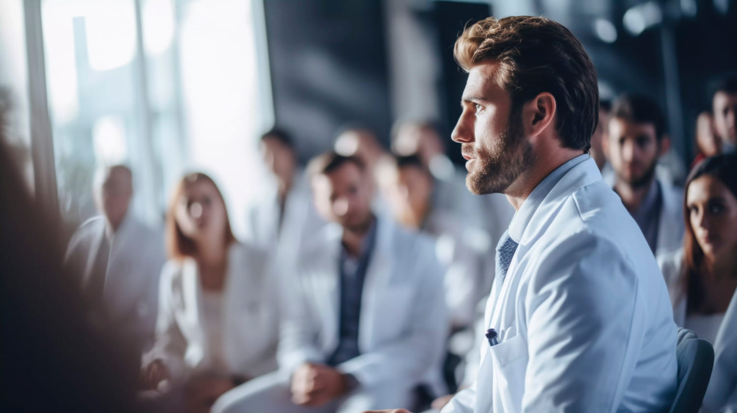 Médico sentado prestando atenção em um congresso de medicina