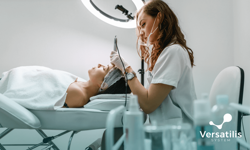 profissional da estética fazendo atendimento em sua clínica